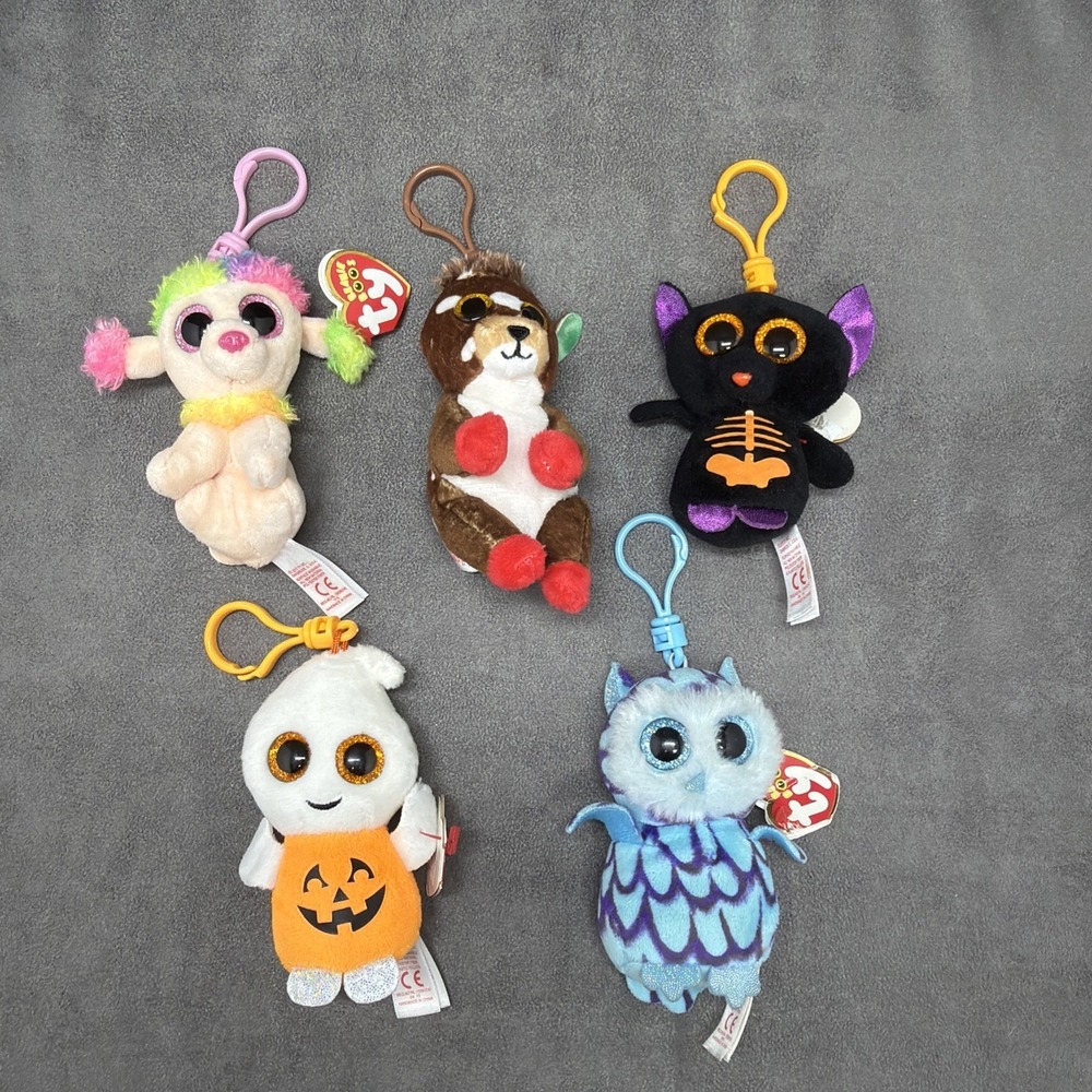Beanie Boos Key Clips Lot Of 5 Fangs, Oscar, Rainbow, Juno & Pumpkie